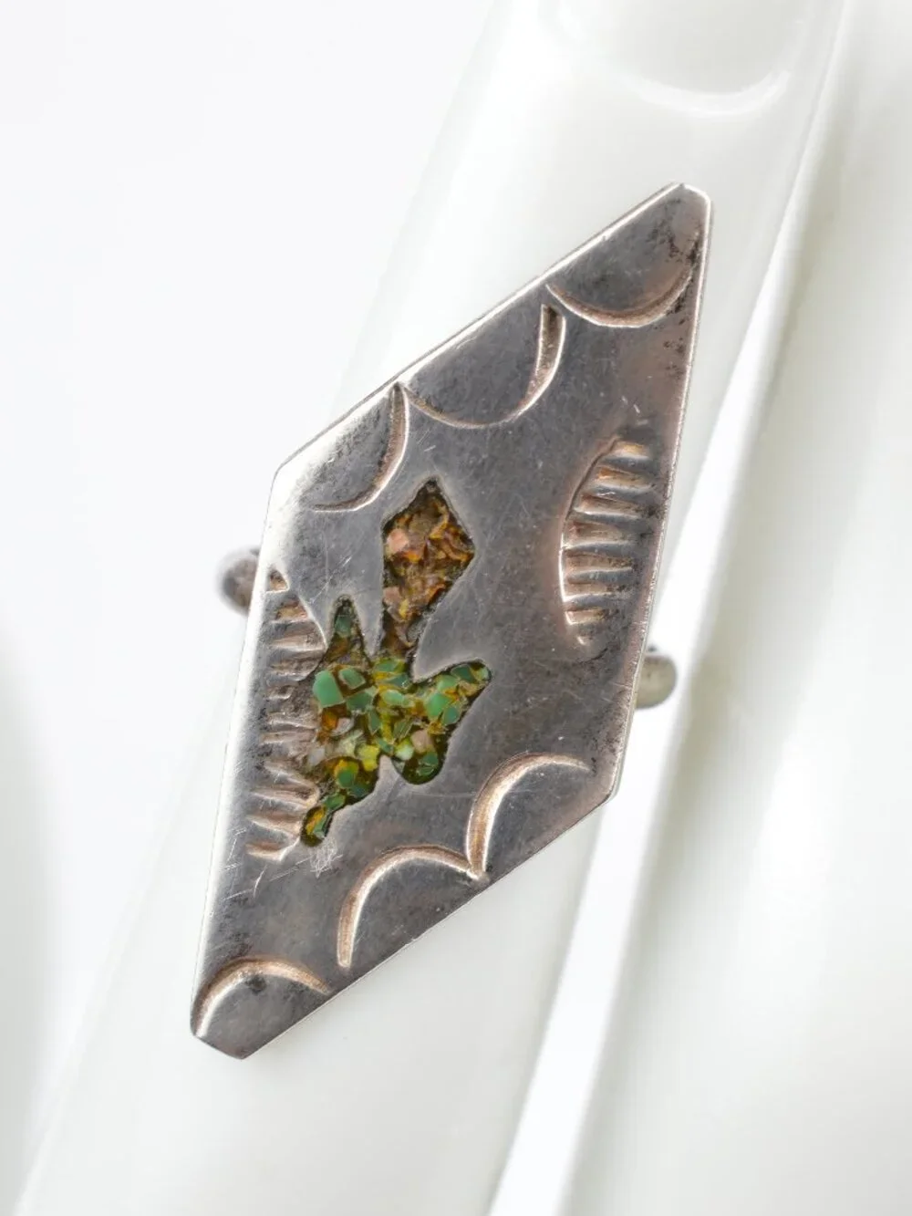 Vintage Navajo Sterling Silver Peyote Bird Waterbird Chip Inlay Ring Size 3.5